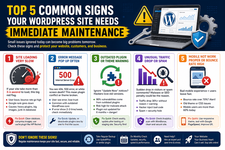 WordPress maintenance signs dashboard showing slow speed and error alerts